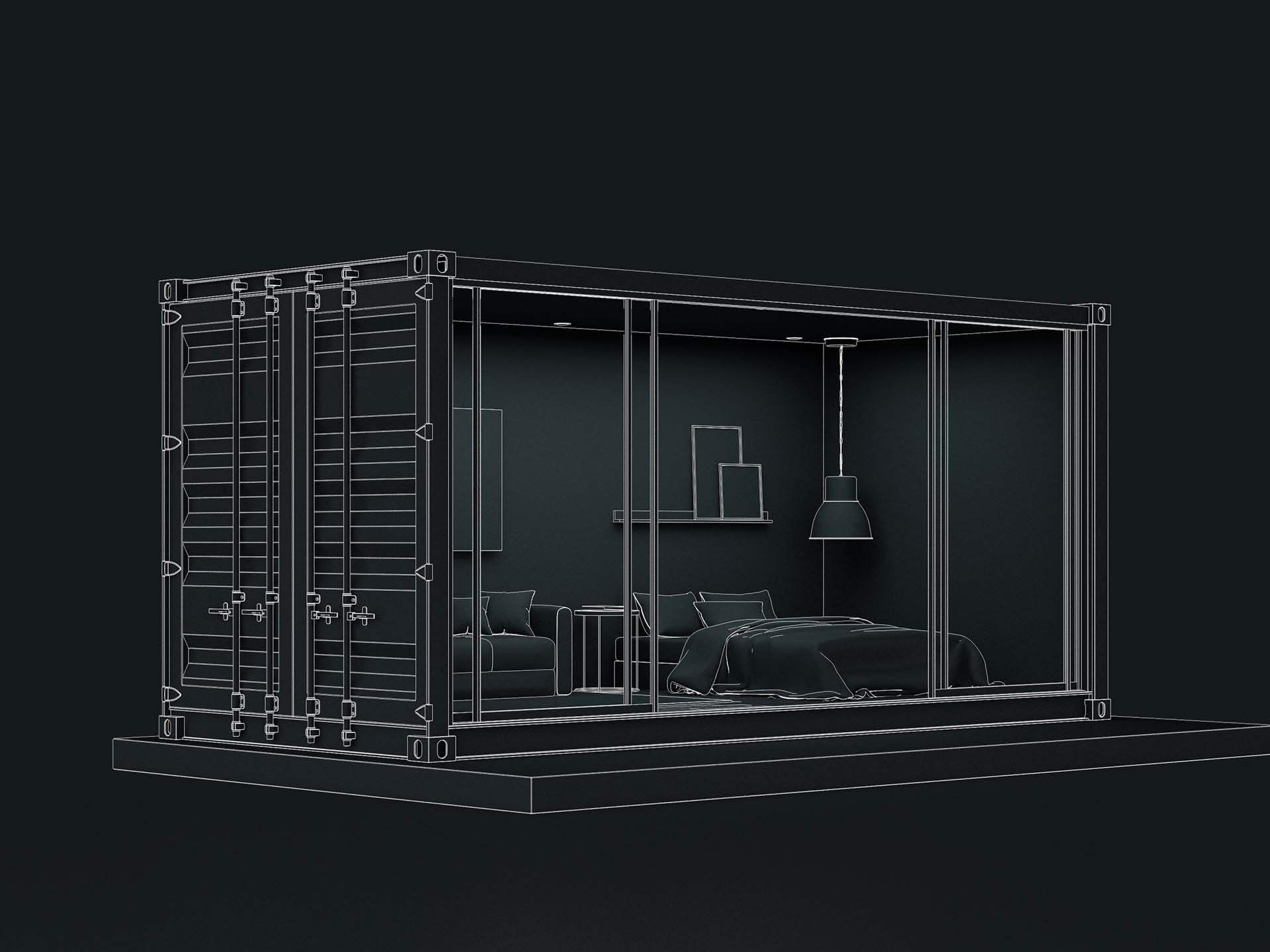 Image 3D d'un container aménagé en studio de jardin